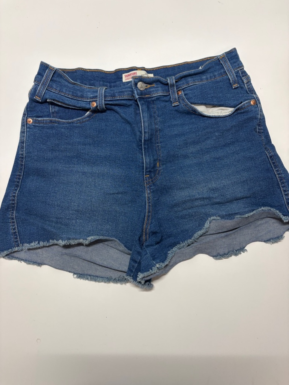 Signature Dark Blue Denim Frayed Hem Shorts